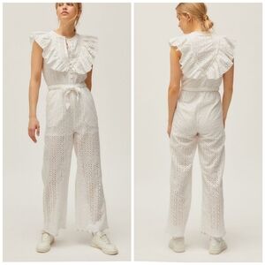 Urban Outfitters White Magnolia Eyelet Button-up ruffle jumpsuit sz M